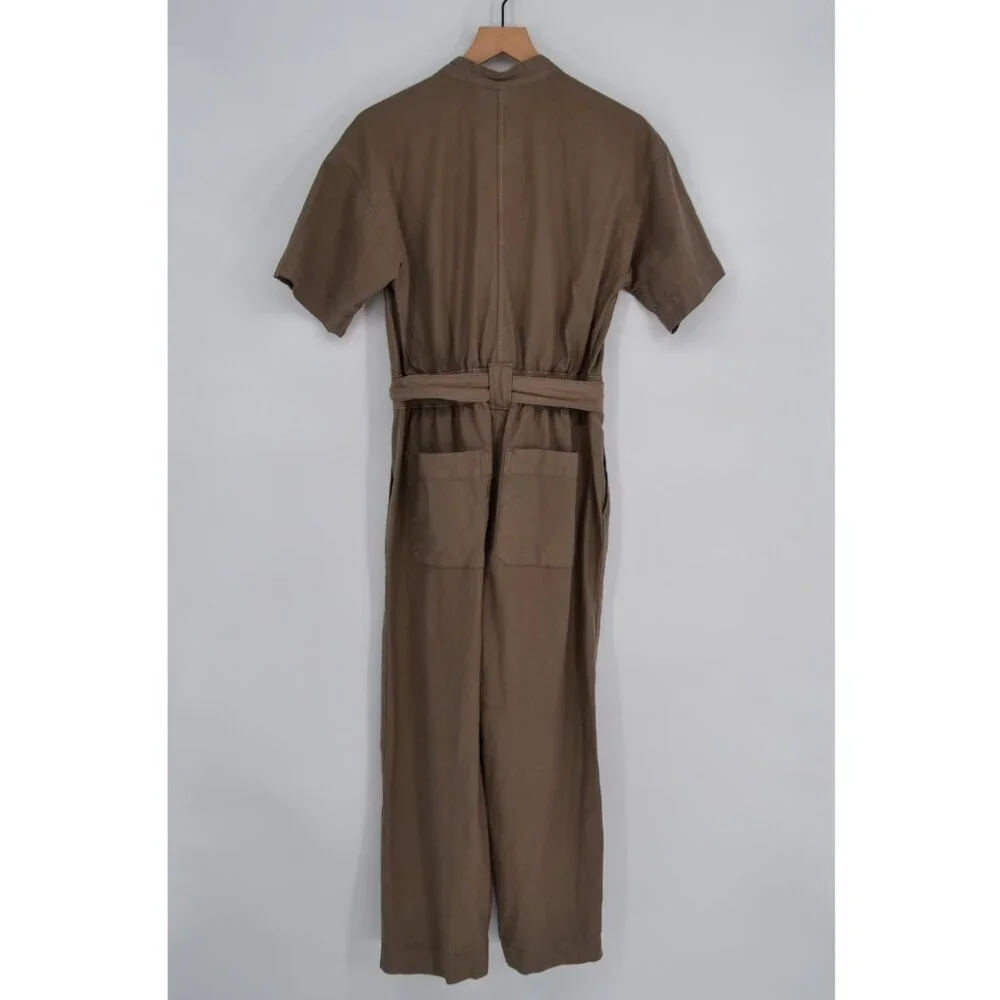 Everlane Fatigue Short Sleeve Jumpsuit Womens 2 Green Organic Cotton Linen Crop